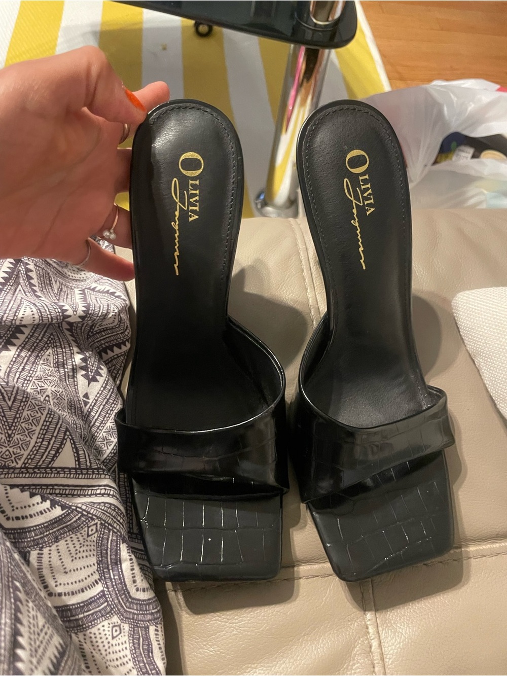 Olivia Ferguson Black Croc-Embossed Platform Mule